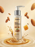 My Store AurigaMart Rich Almond body lotion in a pump bottle surrounded by floating almonds and creamy liquid splash.
