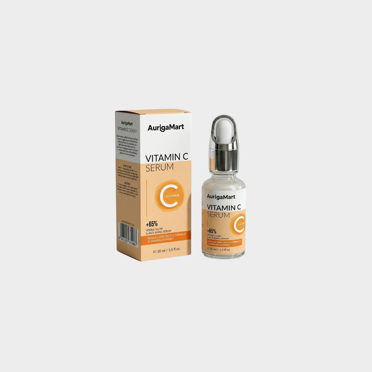 My Store AurigaMart Vitamin C facial serum bottle and packaging box on a white marble pedestal for skin brightening.