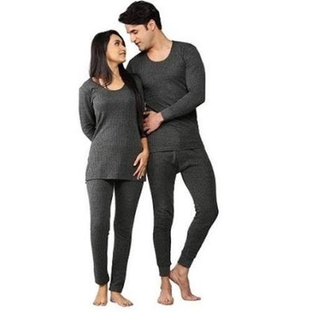 My Store unisex charcoal grey ribbed thermal underwear set worn by a man and woman for cold weather insulation.