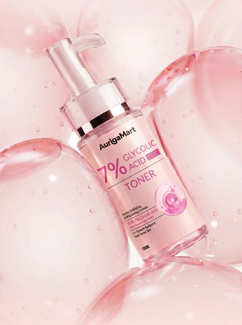 My Store AurigaMart 7% Glycolic Acid facial toner in a pink bottle surrounded by translucent pink bubbles.