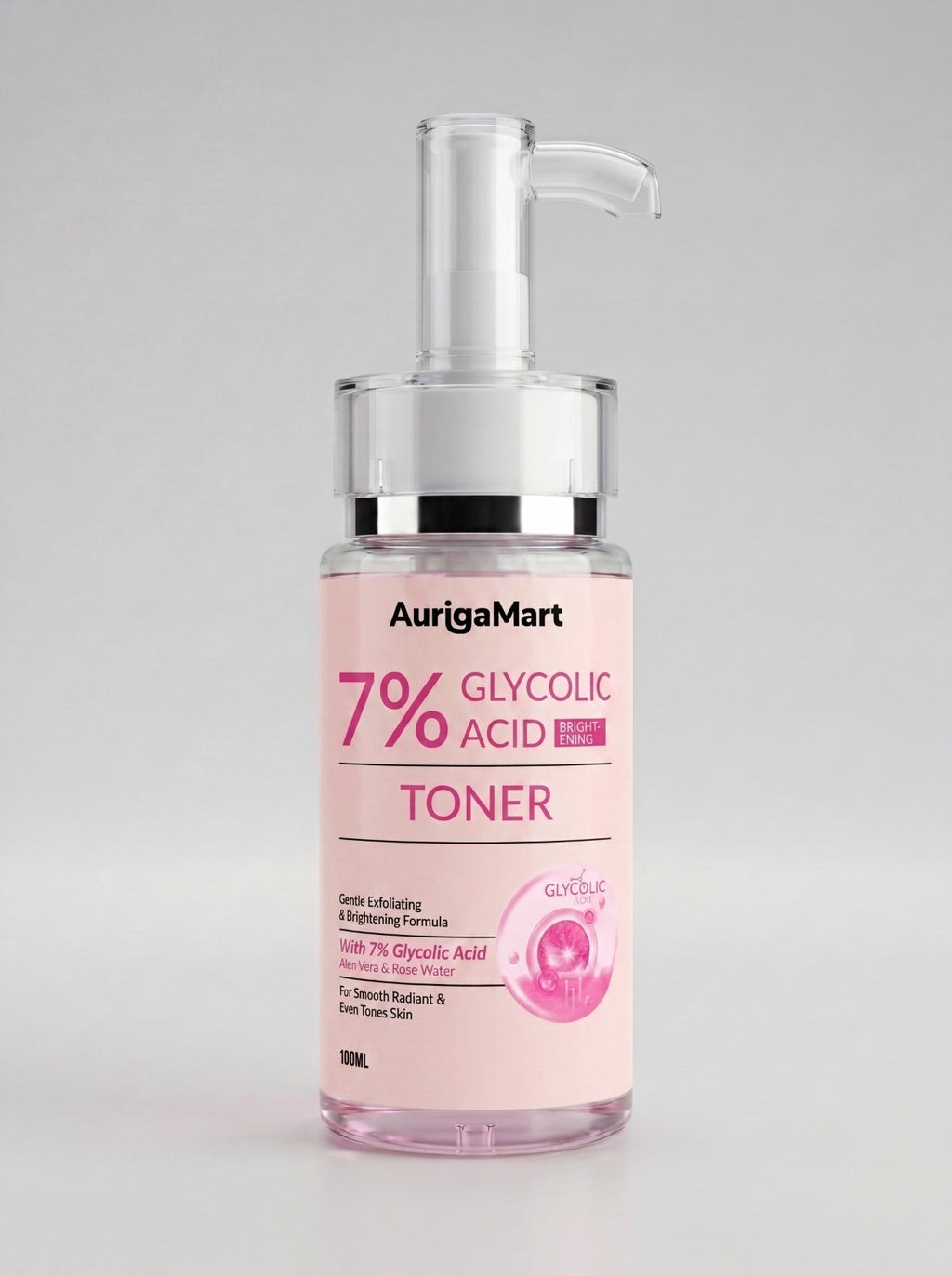 My Store AurigaMart 7% Glycolic Acid facial toner in a pink pump bottle for exfoliating and brightening skin.
