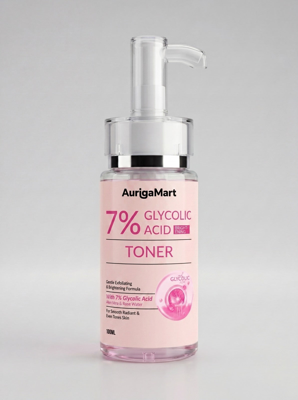 My Store AurigaMart 7% Glycolic Acid facial toner in a pink pump bottle for exfoliating and brightening skin.