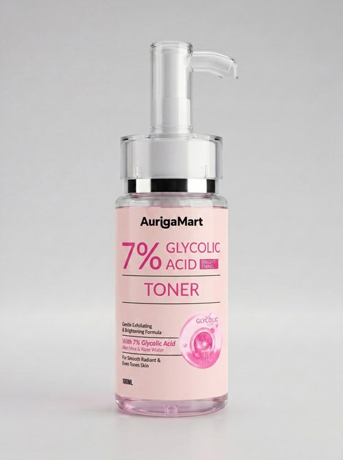 My Store AurigaMart 7% Glycolic Acid facial toner in a pink pump bottle for exfoliating and brightening skin.