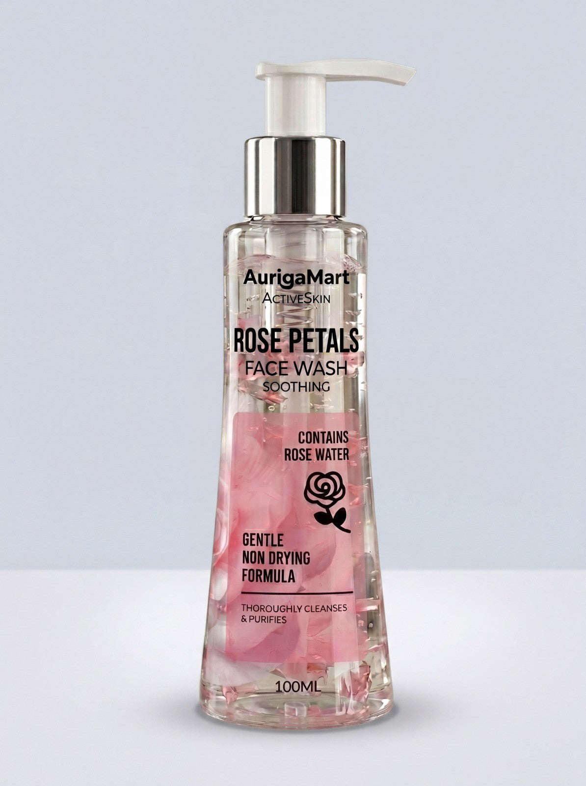 My Store AurigaMart Rose Petals soothing face wash in a clear 100ml pump bottle with visible rose petals inside.