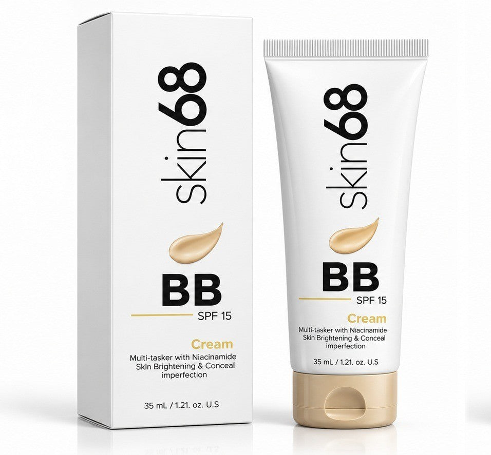 My Store skin68 BB Cream with SPF 15 in a white 35ml tube and matching box, featuring niacinamide for brightening.