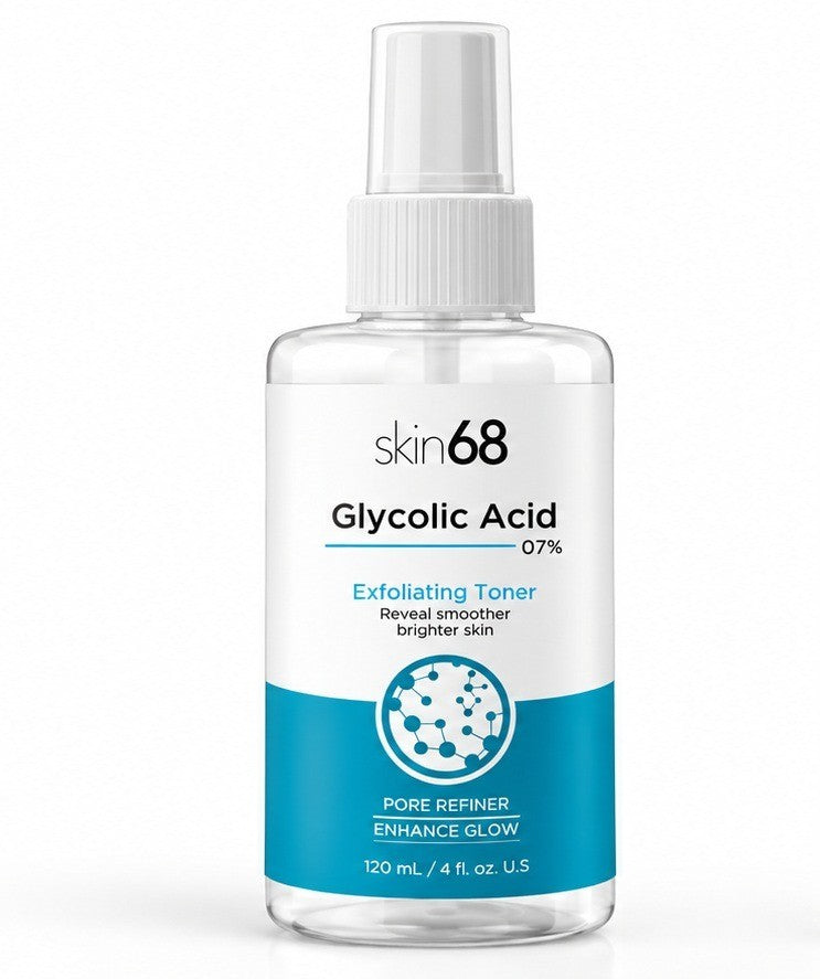 My Store skin68 7% glycolic acid exfoliating facial toner in a clear spray bottle for radiant and smooth skin