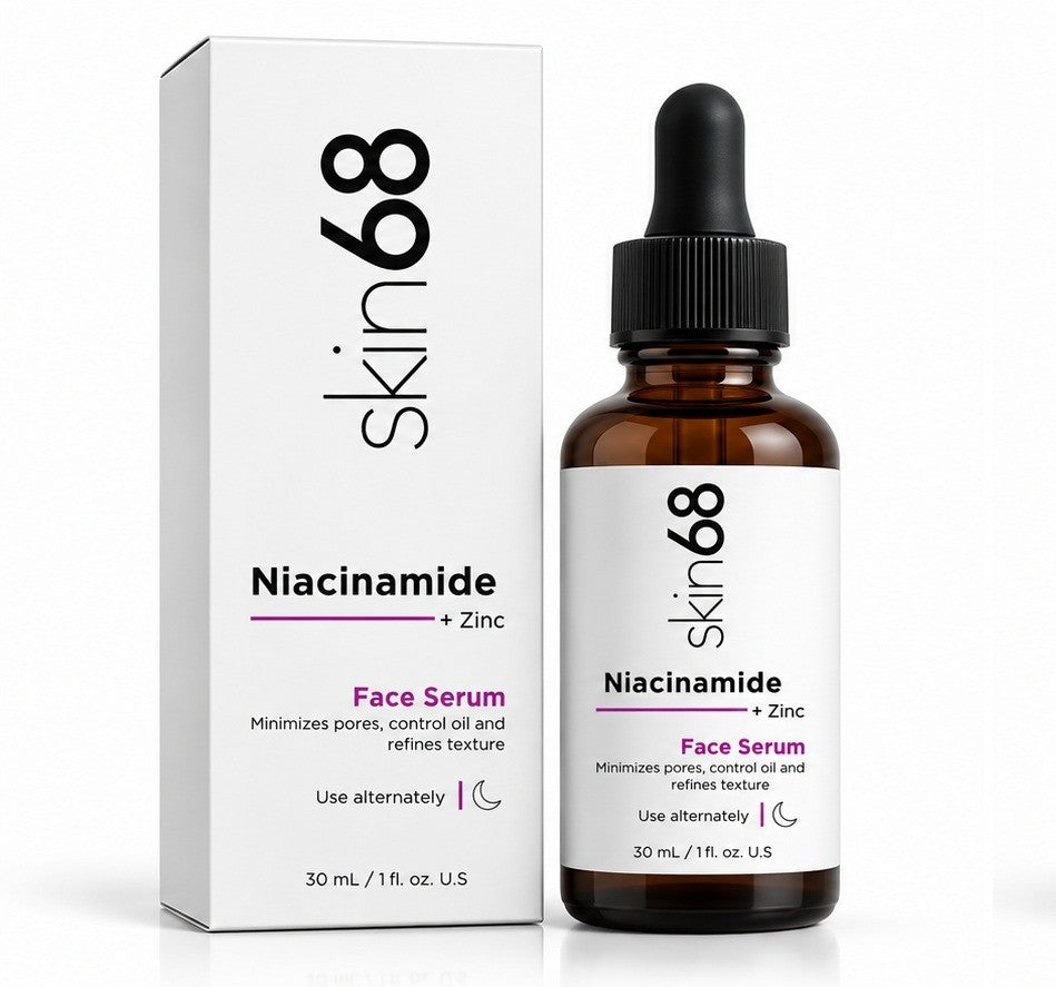 My Store skin68 Niacinamide and Zinc face serum bottle and white box packaging for oily skin care