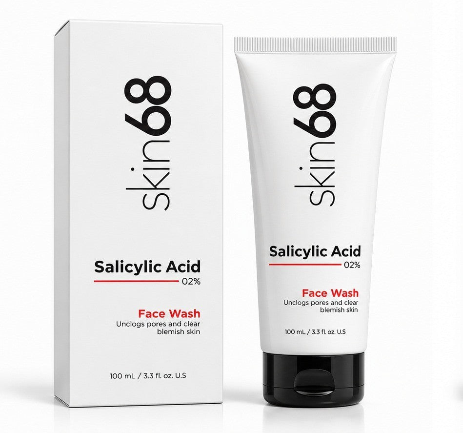 My Store skin68 Salicylic Acid Face Wash in a white 100ml tube and matching box for acne-prone skin.
