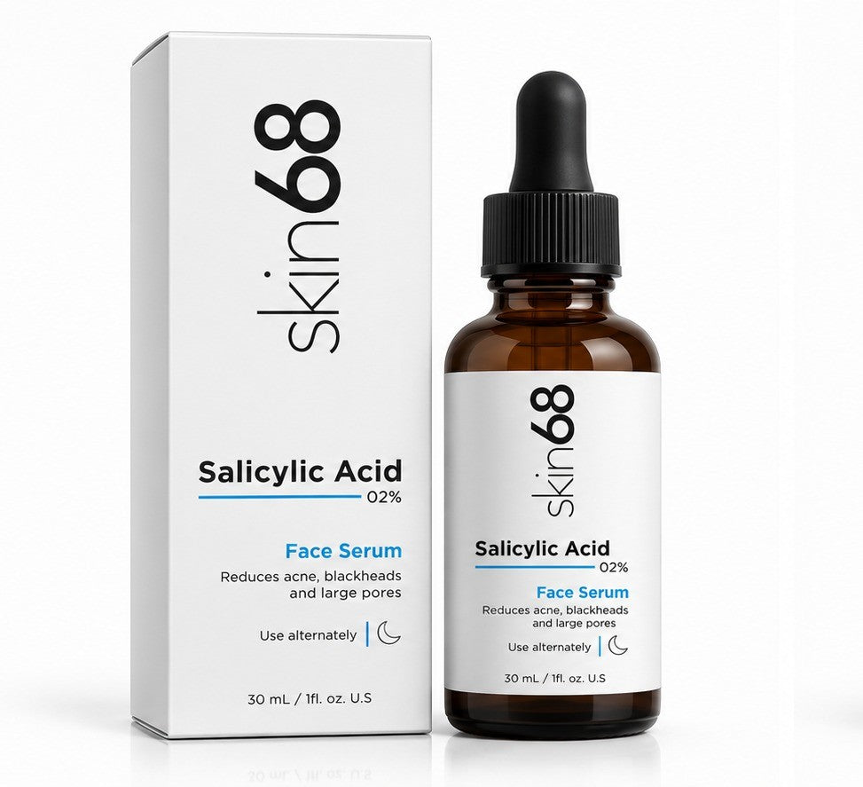 My Store skin68 Salicylic Acid 02% face serum in a brown glass dropper bottle next to its white product box.
