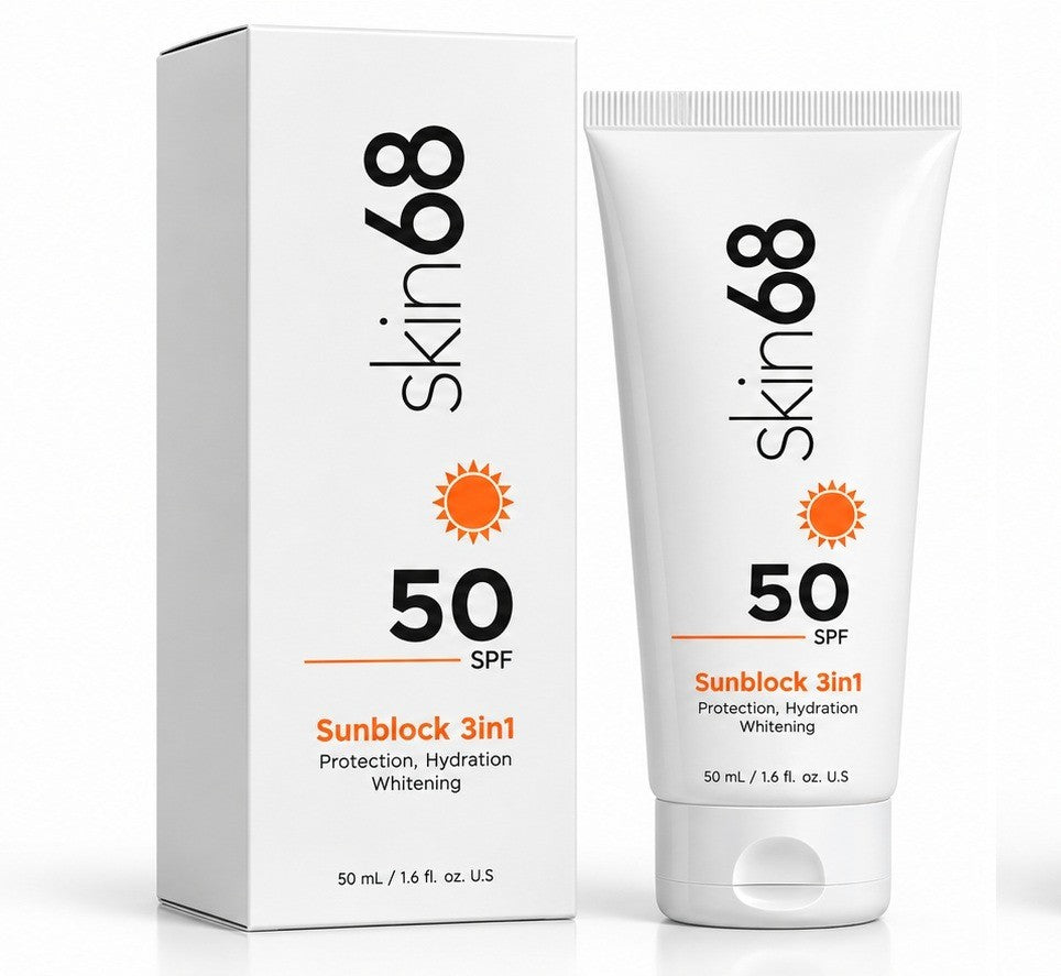 My Store skin68 3-in-1 SPF 50 sunblock cream in a white 50ml tube and matching box for hydration and brightening.